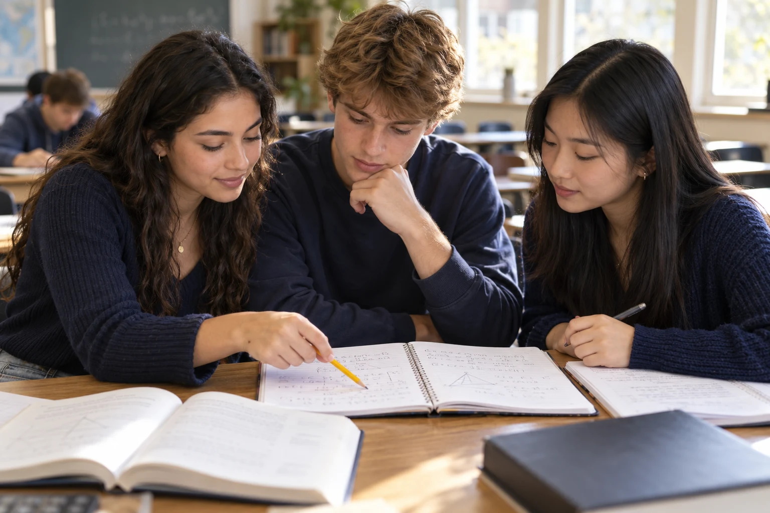 Illustration générée de trois élèves travaillant ensemble sur un exercice de mathématiques